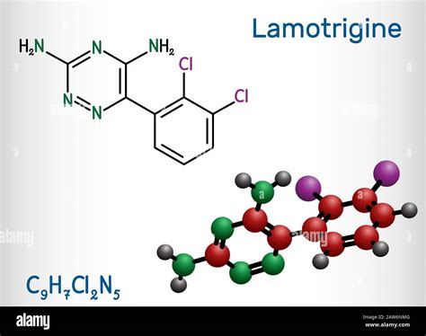 Lamotrigine molecule. It is used in the treatment of epilepsy and ...