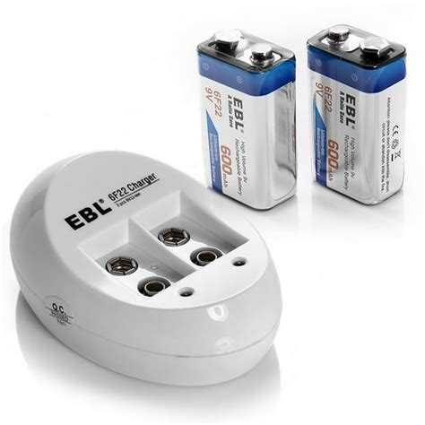 EBL 2-Pack 6F22 600mAh 9V Battery + Battery Charger for 9V Li-ion Ni-MH ...