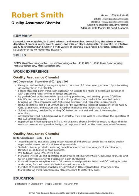 Quality Assurance Chemist Resume Samples | QwikResume