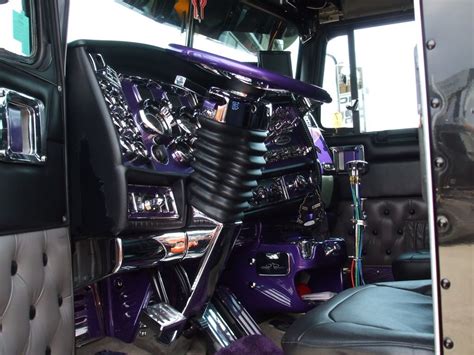 Kenworth W900L Purple and Black Truck Interior with Chrome Parts