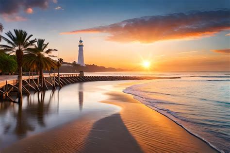 Premium Photo | A lighthouse on the beach at sunset