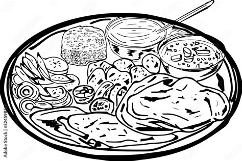 Traditional indian food Thali line art vector, Indian cuisine sketch ...