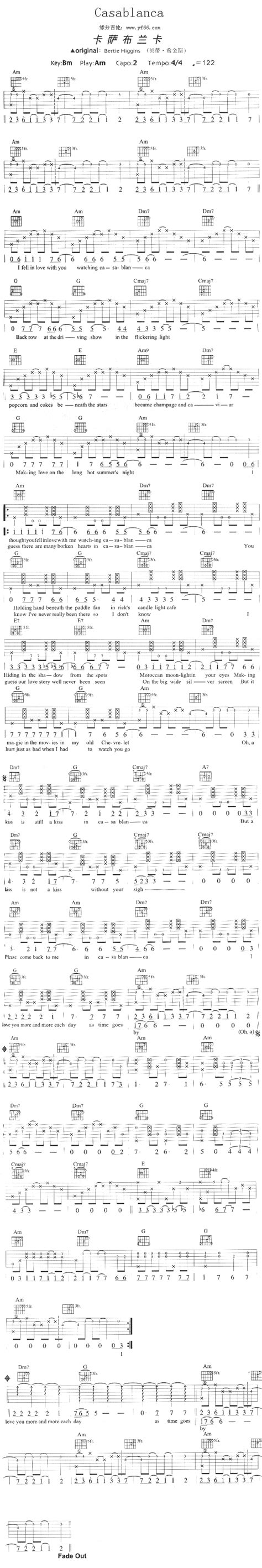 Casablanca by Bertie Higgins Guitar Tabs Chords Sheet Music Free ...