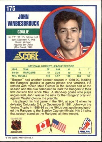 1990-91 SCORE NHL HOCKEY - John Vanbiesbrouck, New York Rangers #175 😎 2/1$ | eBay