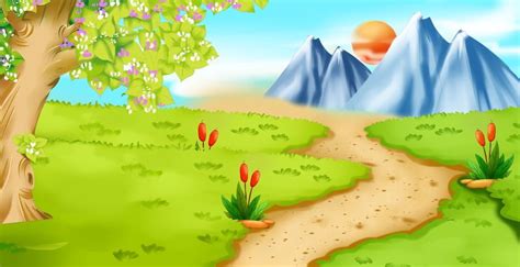 Spring Forest Path Illustration Background Design Best Background Images, Cartoon Background ...