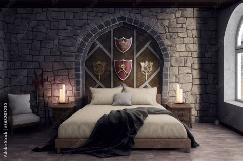 Game of Thrones Fantasy style bedroom interior with stone masonry ...