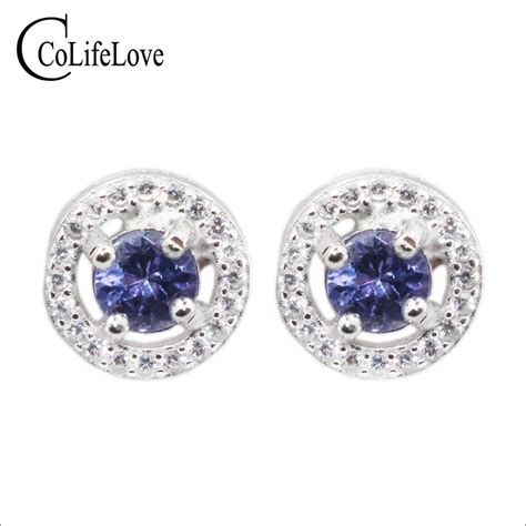 Promtion silver tanzanite stud earrings 4 mm round natural tanzanite ...