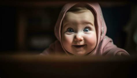 Cute baby boy smiling for portrait, bringing happiness indoors at night ...