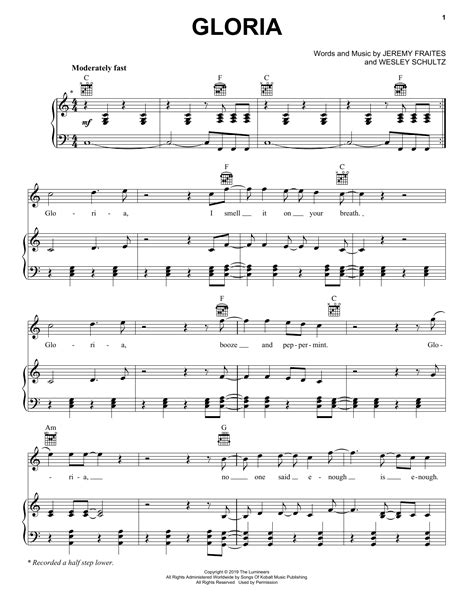 Gloria by The Lumineers Sheet Music for Piano, Vocal & Guitar Chords (Right-Hand Melody) at ...