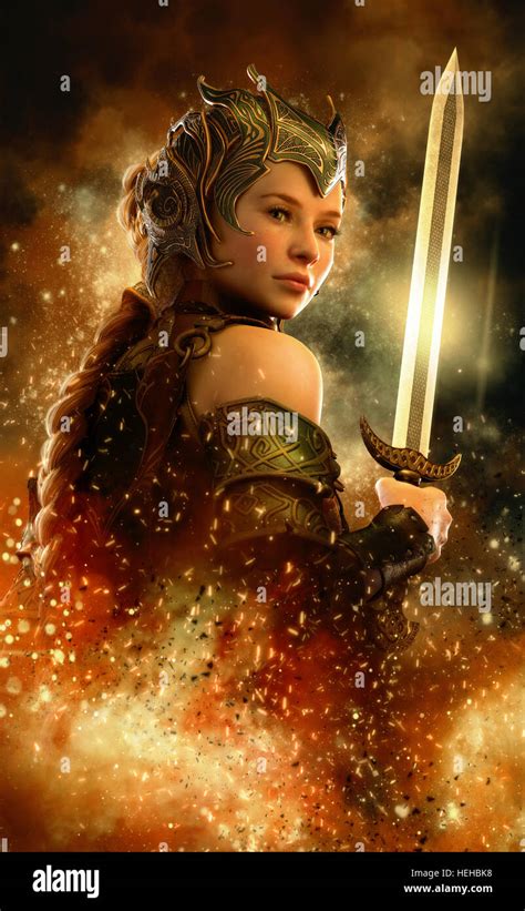 3D computer graphics of a female warrior with fantasy dress and sword Stock Photo - Alamy