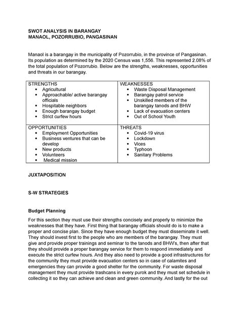 SWOT Analysis In Barangay - SWOT ANALYSIS IN BARANGAY MANAOL ...