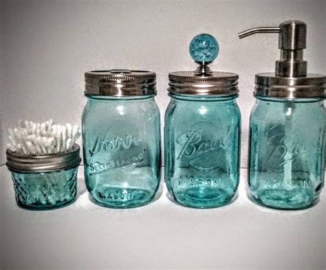 Aqua Blue Mason Jar Bathroom Set, Farmhouse Decor, Rustic Decor, Bathroom Decor, Rustic Bathroom ...