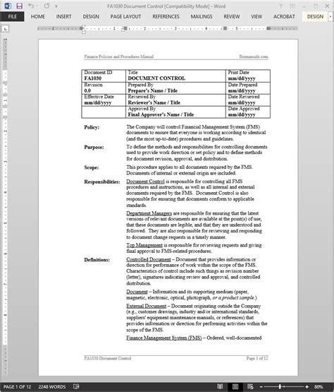 Financial Document Control Procedure Template Word