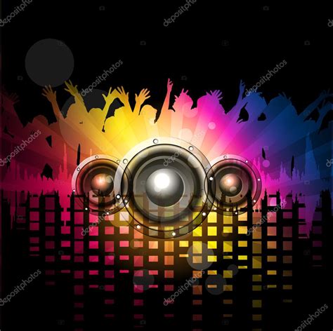 Musical rock night party background with speakers and silhouette ...