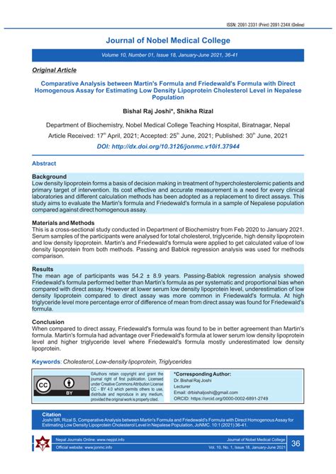 (PDF) Comparative Analysis between Martin’s Formula and Friedewald’s ...