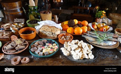 Tudor period food in preparation, at Sulgrave Manor, England, ancestral home of George ...