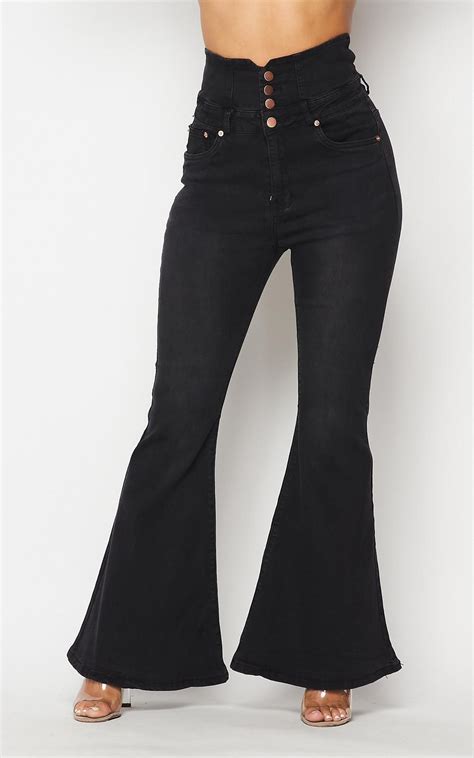 Belted Waist Bell Bottom Jeans - Black – SohoGirl.com