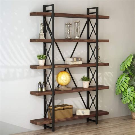 LITTLE TREE Solid Wood 5 Shelf Industrial Style Bookcase and Book Shelves, Metal and Wood Free ...