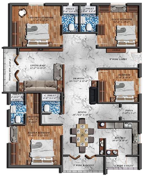 4 BHK Floor Plan on Behance | House layout plans, Three bedroom house ...