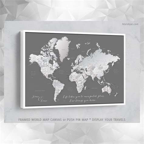 Custom world map with cities, canvas print or push pin map in grayscale gradient. "Silver leaf ...