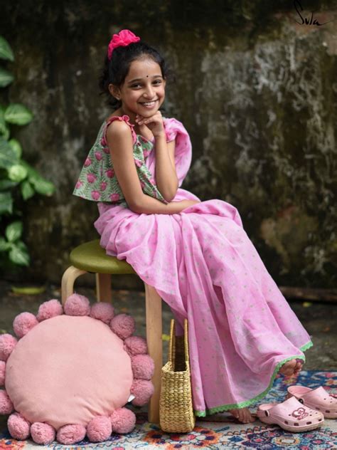 Handloom Cotton Pink Saree For Kids|Ring Around The Rosie|Suta