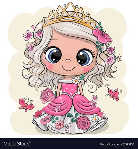 Cute Cartoon Little Princess in a pink dress with flowers on a yellow ...