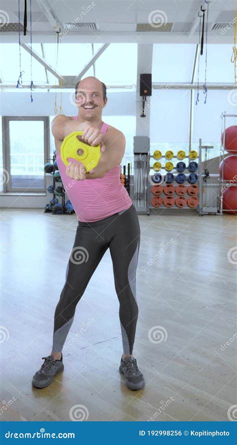 Vertical, Full Growth. Funny Bald Man Doing Fitness in the Gym Stock Photo - Image of balding ...