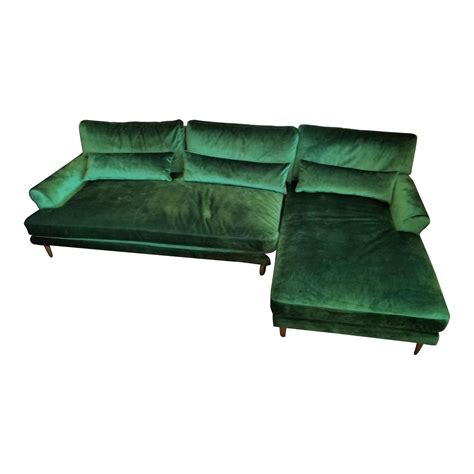 Emerald Green Velvet Sectional Sofa With Brass Legs | Chairish