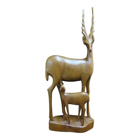 Carved Wood Mother and Baby Gazelle Statue | Chairish