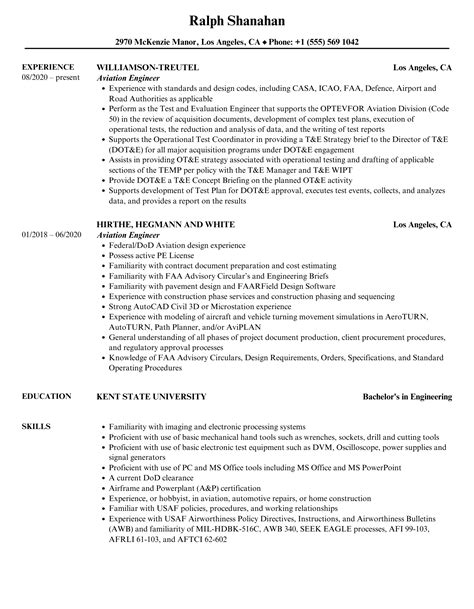 Aviation Engineer Resume Samples | Velvet Jobs