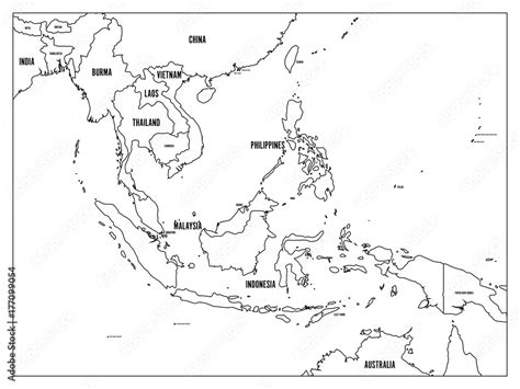 South East Asia political map. Black outline on white background with black country name labels ...