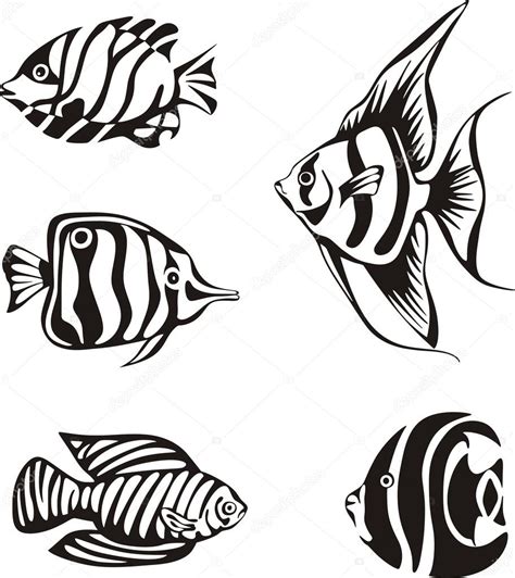 Black and white tropical fish | Set of black and white tropical fish ...