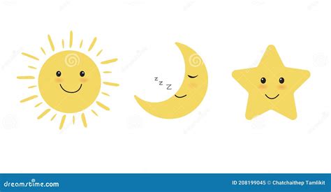 Sun, Moon and Star Icon on White Background. Cute Sun and Star Smiling Cartoon Characters. Moon ...