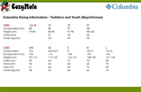 Columbia Snow Pants Size Chart