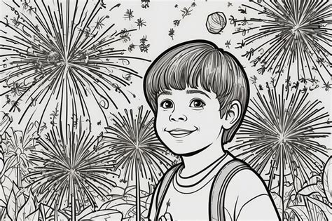 Premium Photo | Boy with fireworks isolated coloring page for kids