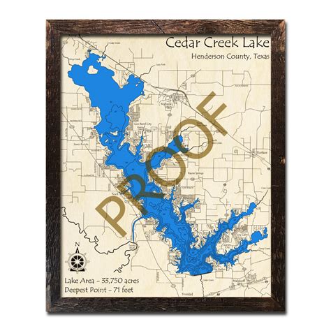 Cedar Creek Lake, Texas 3D Wooden Map | Framed Topographic Wood Chart