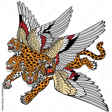 Four-headed leopard with wings of a bird on its back. Mythological ...