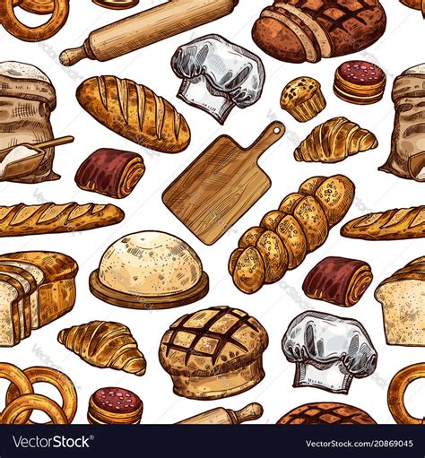 Bread and pastry food seamless pattern background Vector Image