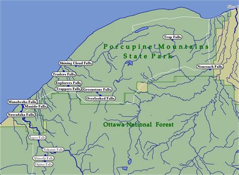 Map of WaterFalls in the Porcupine Mountains