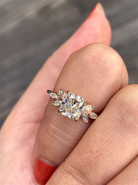 Custom Floral 1.5 Carat Cushion Engagement Ring with Bezel Set Marquise Side Stones in 2020 ...