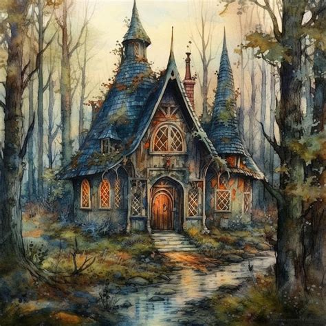 Premium AI Image | A painting of a house in the woods.