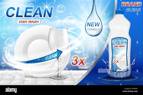 Dish wash soap ads. Realistic plastic dishwashing packaging with label ...