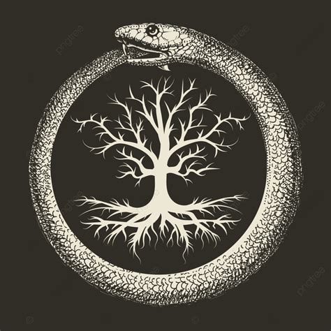 Esoteric Symbol Of Ouroboros Snake And Tree Of Life Ancient Isolated On ...