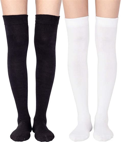 Women's Over The Knee High Socks Knee Socks 2 Pairs,White&black,One ...