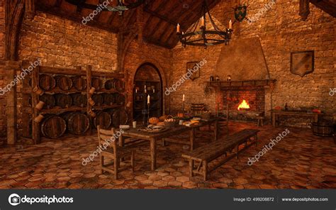 Large Old Medieval Castle Kitchen Wooden Table Chairs Stone Floor Stock ...