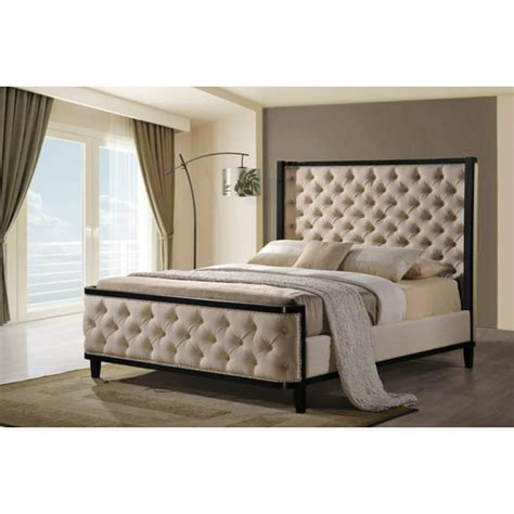 Arcadia Tufted Linen Upholstered Bed Frame with High Padded Headboard ...