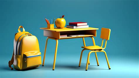 3D School Desk with Yellow Backpack on Blue Background | MUSE AI