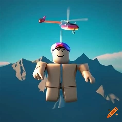 3d render of a roblox character hanging from a helicopter in the middle of the mountains