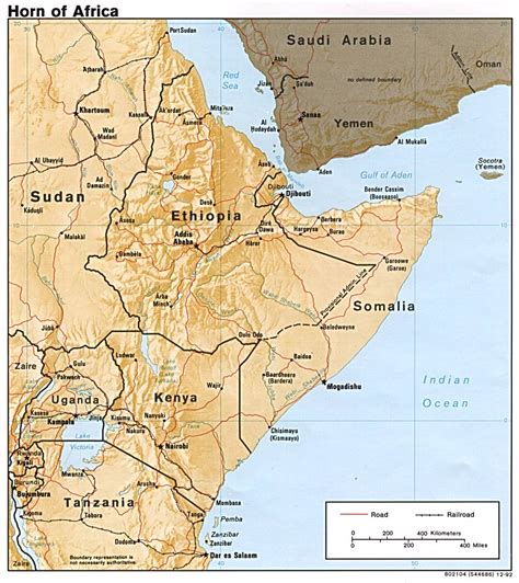 Horn of Africa Physical Map 1992 - Full size