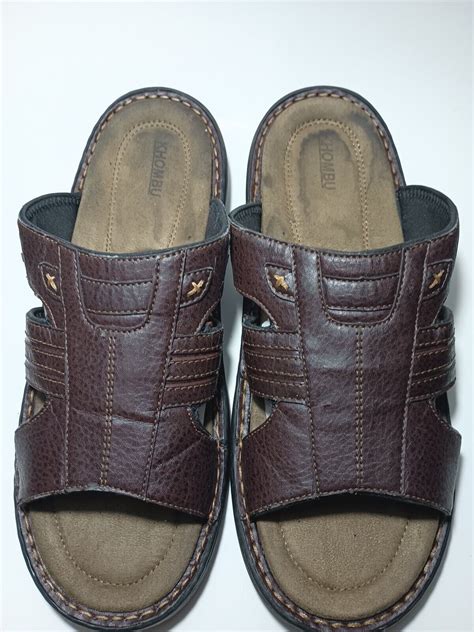 Men's Faux Brown Leather Slide On Sandals Size 13 M … - Gem